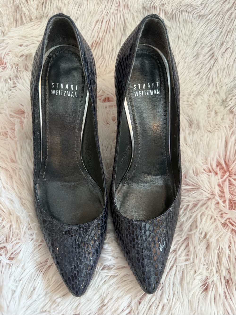 Stuart Weitzman Blue Snakeskin Pointed Toe Pumps